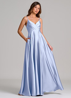 Azazie Amani 신부 들러리 드레스 A라인 주름진 스트레치 새틴 바닥 길이 드레스 image4