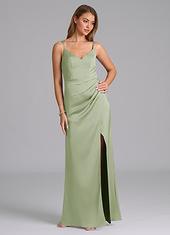 Azazie Leo Bridesmaid Dresses Dusty Sage Sheath Pleated Stretch Satin Dress image5