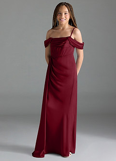 Azazie Amyra Junior Burgundy Sheath Off the Shoulder Stretch Satin Dress image4