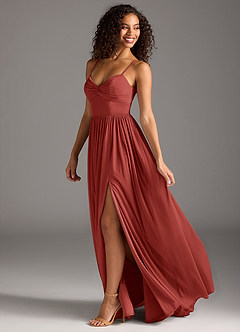 Azazie Zeya Bridesmaid Dresses Terracotta A-Line Pleated Mesh Dress image1