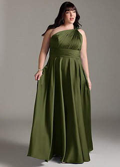 Azazie Charlize Robes de demoiselle d'honneur Robe Trapèze en Satin extensible Asymétrique Olive image3