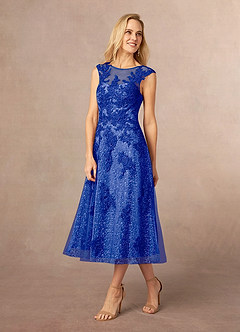 Azazie Flynn Abiti per la Madre della Sposa Abito A-Line in Tulle in Pizzo con Scollo a Barca Blu Reale image2
