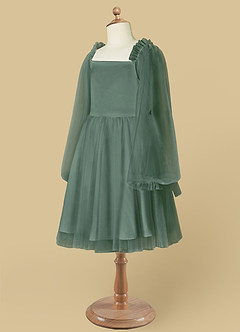 Azazie Aya Flower Girl Dresses Eucalyptus A-Line with Sleeves Tulle Dress image8