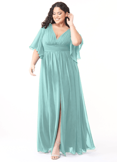 Azazie Temeka Bridesmaid Dresses Aqua A-Line Ruched Chiffon Dress image7