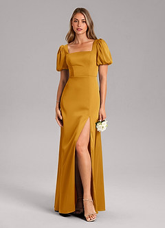 Azazie Fyona Robes de demoiselle d'honneur Robe Trapèze en Satin extensible Plissée Caramel écossais image3