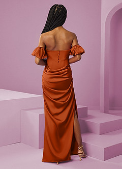 Barbie ♥ Azazie Robes de demoiselle d'honneur Robe Fourreau Convertible en Satin extensible Épaule décolletée Orange Brûlée image9