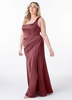 Azazie Mero Bridesmaid Dresses Desert Rose Sheath Pleated Stretch Satin Dress image8