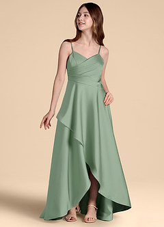 Azazie Prisha Junior Abito A-Line in Raso Elasticizzato Plissettato Matcha image4