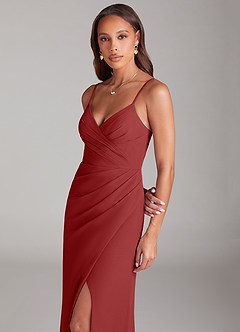 Azazie Maci Bridesmaid Dresses Rust Sheath Pleated Chiffon Dress image2
