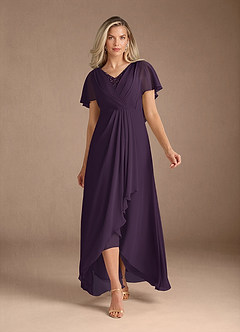 Azazie Eliza Mère de la mariée Robes Robe Trapèze en Mousseline de soie Col V plissé Prune image1
