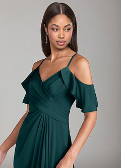 Azazie Dakota Jurken voor bruidsmeisjes Jurk van Stretch Satijn met A-Lijn Off the Shoulder Pijnboom image5