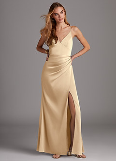 Azazie Shania Bridesmaid Dresses Champagne Sheath V-Neck Pleated Stretch Satin Dress image3
