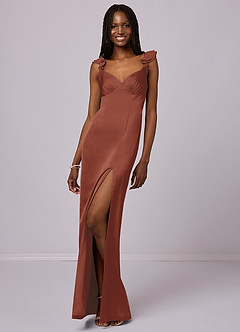 Barbie ♥ Azazie Robes de demoiselle d'honneur Robe Fourreau en Satin extensible Auburn image3