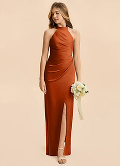 Azazie Jemma Junior Burnt Orange Sheath Ruched Stretch Satin Dress image3