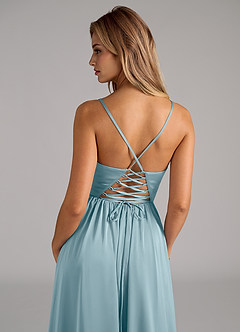 Azazie Aaida Bridesmaid Dresses Moody Blue A-Line Corset Stretch Satin Dress image2