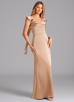 Azazie Adi Robes de demoiselle d'honneur Robe Trapèze en Satin extensible Plissée Rose Perle image3