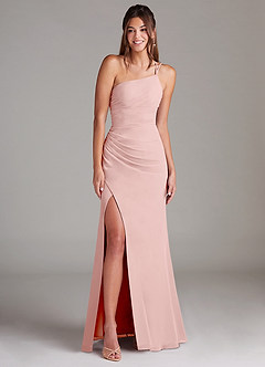 Azazie Eren Vestidos de damas de honor Vestido de Rosa Empolvado de Gasa de Corte Recto con Hombro unilateral image3