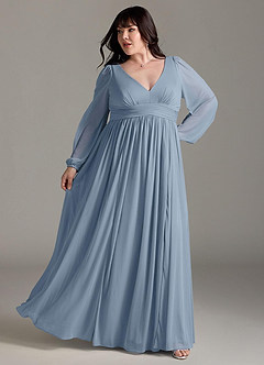 Azazie Norah Robes de demoiselle d'honneur Robe Trapèze en Mousseline de soie Col en V, manches longues Bleu Poussiéreux image8