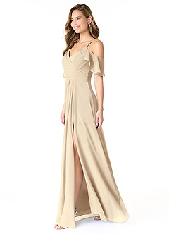 Azazie Dakota Bridesmaid Dresses Champagne A-Line V-Neck Pleated Chiffon Dress image3