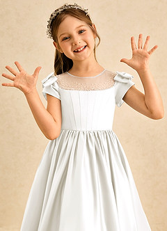 Azazie Toffee Flower Girl Dresses Ivory Ball-Gown Bow Matte Satin Dress image6