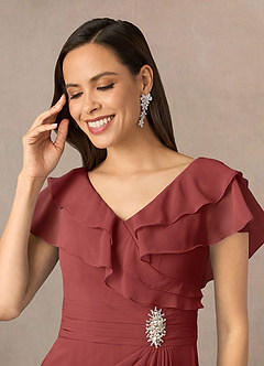 Azazie Snapdragon Mère de la mariée Robes Robe Trapèze en Mousseline de soie Col en V froncé Terracotta image3
