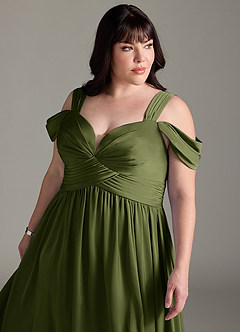 Azazie Lianne Bridesmaid Dresses Olive A-Line Off the Shoulder Stretch Satin Dress image14