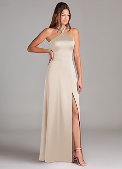 Azazie Elliana Bridesmaid Dresses White Alabaster A-Line Side Slit Stretch Satin Dress image3