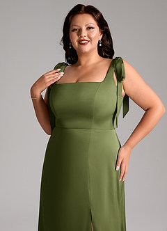 Azazie Frostine Bridesmaid Dresses Olive A-Line Bow Stretch Satin Dress image12