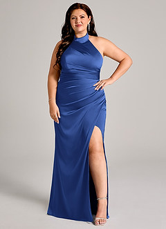 Azazie Jemma Robes de demoiselle d'honneur Robe Fourreau en Satin extensible Plissée Bleu Roi image10