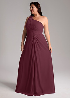 Azazie Brooke Vestidos de damas de honor Vestido de Cabernet de Gasa de Corte en A con Hombro unilateral image12