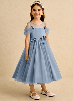 Azazie Juni Flower Girl Dresses Dusty Blue Ball-Gown Pleated Tulle Dress image8