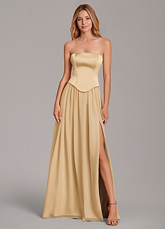 Azazie Cadence Bridesmaid Dresses Gold A-Line Corset Stretch Satin Convertible Dress image5