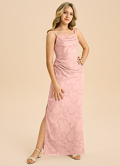 Azazie Mai Junior Powder Pink Sheath Pleated Floral Burnout Dress image4