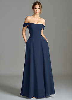 Azazie Oasis Vente finale Robe Trapèze en Mousseline de soie avec poches Bleu Marine Foncé image2