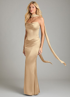 Azazie Sorrel Bridesmaid Dresses Champagne Mermaid Strapless Stretch Satin Convertible Dress image1
