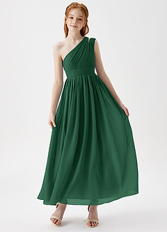 Azazie Anissa Junior Abito A-Line in Chiffon Plissettato Verde Scuro image1
