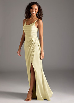 Azazie Deandra Bridesmaid Dresses Lemon Sorbet Mermaid Pleated Stretch Satin Dress image4