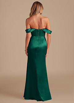 Azazie Asha Bridesmaid Dresses Emerald Sheath Off the Shoulder Metallic Satin Dress image7