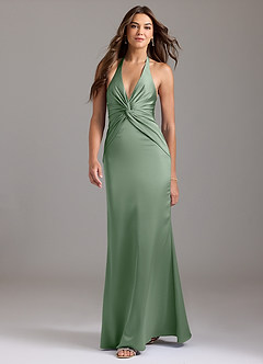 Azazie Valerie Vestidos de damas de honor Vestido de Matcha de Satén Elástico de Corte Sirena con Plisado image3