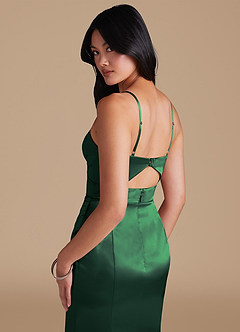 Azazie Shania Bridesmaid Dresses Dark Green Sheath Pleated Metallic Satin Dress image4