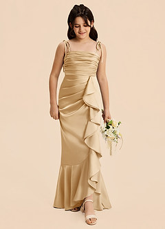 Azazie Ryan Junior Vestido de Oro de Satén Elástico de Corte Recto con Lazo image7