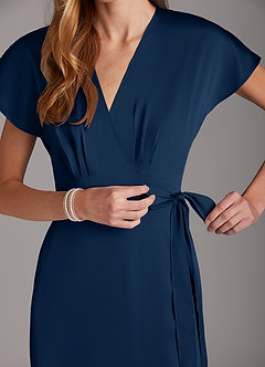 Azazie Nico Bridesmaid Dresses Dark Navy A-Line V-Neck Stretch Satin Dress image7