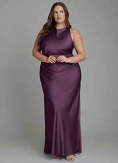 Azazie Evadne Bridesmaid Dresses Plum Sheath Pleated Stretch Satin Dress image10