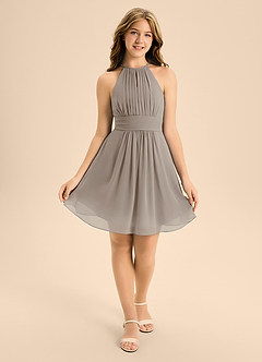 Azazie Bonnie Junior Taupe A-Line Pleated Chiffon Dress image1