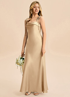 Azazie Willa Junior Vestido de Champán de Satén Elástico de Corte en A con Lazo image5