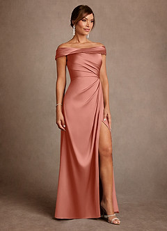 Azazie Bedford Mère de la mariée Robes Robe Fourreau en Satin extensible Plissée Rose Saumon image4