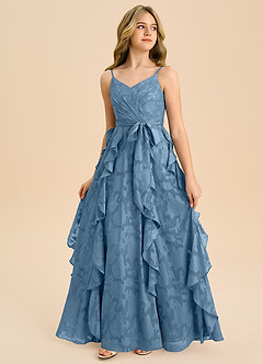 Azazie Peyton Junior Vestido de Azul Acero de Devorado Floral de Corte en A con Plisado image4