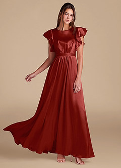 Azazie Daphne At-home Try On Dresses A-Line Ruched Metallic Satin Floor-Length Dress image1
