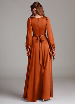Azazie Leonia Bridesmaid Dresses Burnt Orange A-Line Long Sleeve Stretch Satin Dress image2