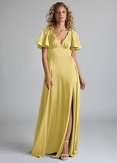 Azazie Kimber Bridesmaid Dresses Canary A-Line Ruched Stretch Satin Dress image3